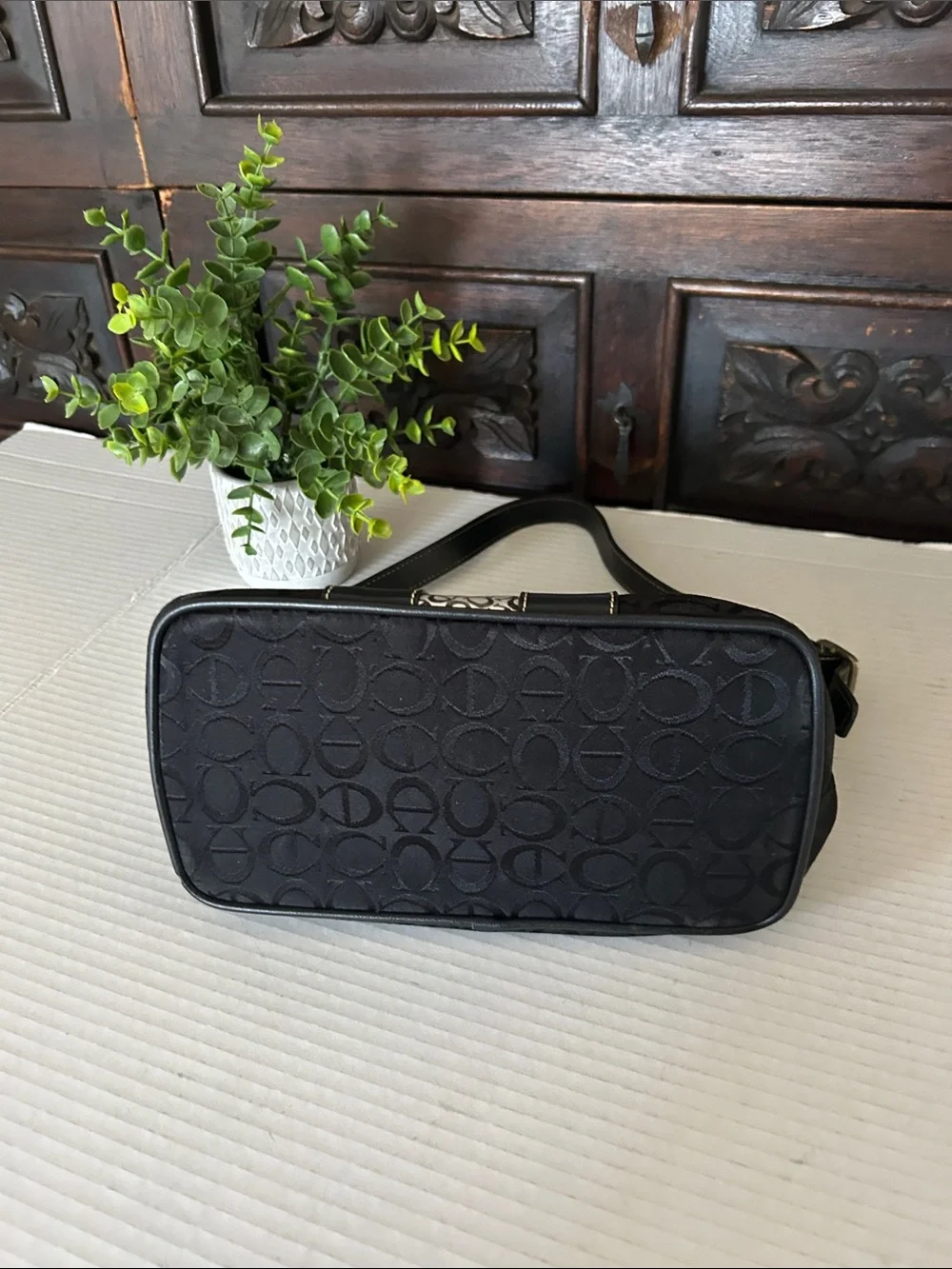 Coach Black Signature Jacquard Shoulder Bag with Cream Center Stripe